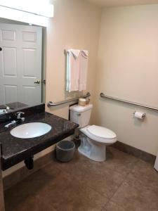 La salle de bains est pourvue de toilettes, d'un lavabo et d'un miroir. dans l'établissement Trails Motel, à Lone Pine