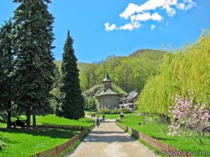 a path through a park with a church and trees at Casa Romeo & Julieta in Haţeg