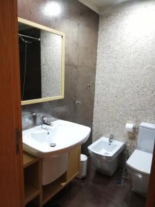 a bathroom with a sink and a toilet and a mirror at André´s São João Porto Apt. in São Mamede de Infesta