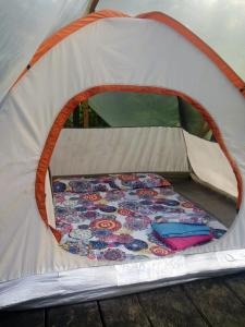a tent with a bed in the inside of it at La Salamandra in Ladrilleros