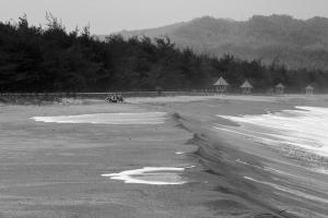 ein Schwarz-Weiß-Foto eines Strandes mit Wellen in der Unterkunft Harrys Oceanhouse 2 Pacitan in Pacitan