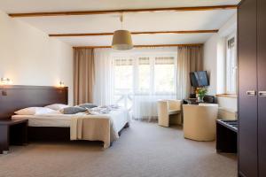 ein Hotelzimmer mit einem Bett und einem TV in der Unterkunft Hotel Ariston in Karpacz