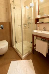 W łazience znajduje się prysznic, toaleta i umywalka. w obiekcie Hotel Bartoš w mieście Frenštát pod Radhoštěm