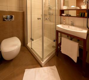een badkamer met een douche, een toilet en een wastafel bij Hotel Bartoš in Frenštát pod Radhoštěm