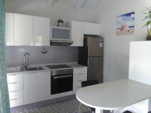 馬埃島的住宿－Eco Lodge Self-Catering，厨房配有水槽、冰箱和桌子