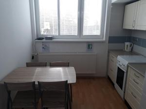 a kitchen with a table and chairs and two windows at Apartmán Pavilón D-PETER in Nový Smokovec
