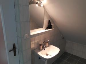 a bathroom with a sink and a mirror at Apartmán Pavilón D-PETER in Smokovce