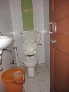 a small bathroom with a toilet and a sink at Hotel Shailmar in Mount Ābu