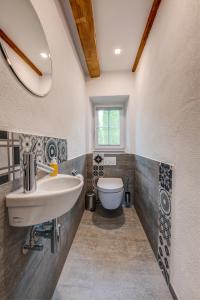 a bathroom with a sink and a toilet at Ferienhaus Tor zum Allgäu in Vogt