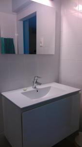 a bathroom with a white sink and a mirror at Residence Paris Seaview Zeezicht Vue Mer in Ostend