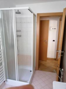 baño con cabina de ducha de cristal y puerta en Casa Laura en Valdidentro