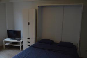 ブリュッセルにあるFlat Sympa next Grand Placeのベッドルーム(青いベッド1台、テレビ付)