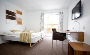 Hotel Thinggaard في Hurup: غرفة نوم بسرير ومكتب وتلفزيون