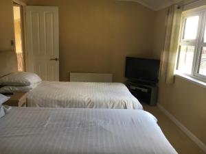 a bedroom with two beds and a tv and a window at Millie,s View 18 hole free Golf in Swarland