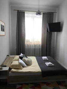 een slaapkamer met een bed met kussens en een raam bij Pod Trzynastką in Sandomierz