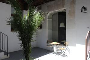 a patio with a table and chairs and a palm tree at Apartamento Homelife Sacramento in Toledo