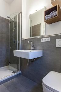 een badkamer met een wastafel, een douche en een toilet bij Zugspitz-Rauschen in Grainau