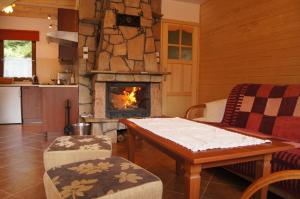 a living room with a fireplace and a table at Domki Góralskie Niezapominajka w Bieszczadach in Górzanka