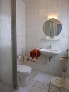 a bathroom with a toilet and a sink and a mirror at Hotel-Pension Stöber in Jever