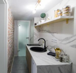 - une cuisine avec un évier et un comptoir dans l'établissement Old Town Studio Apartment, à Sibiu