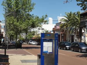a parking meter on the side of a city street at Perth 178 Backpackers in Perth