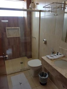 a bathroom with a toilet and a shower and a sink at Hotel Barretos in Barretos