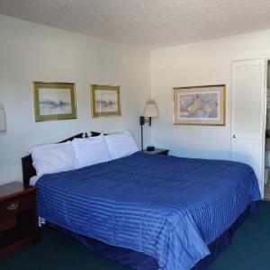 a bedroom with a bed with a blue comforter at Travel Inn in Delaware