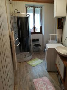 uma casa de banho com um chuveiro e um lavatório. em Appartement au coeur de la maurienne em Saint-Étienne-de-Cuines