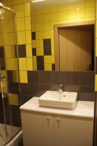 W łazience znajduje się umywalka i lustro. w obiekcie Akademik Praski w Warszawie