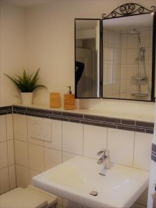a bathroom with a sink and a mirror at Ferienhaus Kaline in Grebenhain