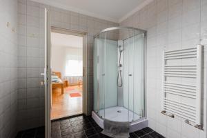 a bathroom with a shower, toilet, and sink at Airport Jazmin Guesthouse in Vecsés