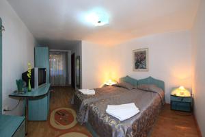 a hotel room with a bed and a television at Vila Transilvania in Balvanyos