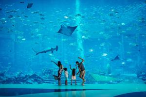un groupe de personnes devant un grand aquarium dans l'établissement Atlantis Sanya, à Sanya