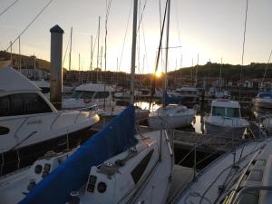 um grupo de barcos ancorados numa marina ao pôr-do-sol em Inolvidable experiencia en un velero de 11 metros! em Zumaia