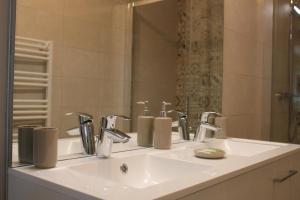 a bathroom sink with two faucets and a mirror at LES BOIS DE CHAMPAGNE NORDIQUE in Magnant