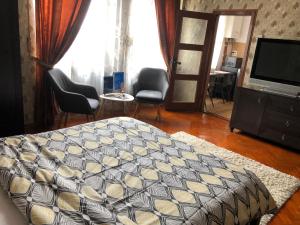 ein Schlafzimmer mit einem Bett und Stühlen sowie einem TV in der Unterkunft Schei Studio 1 in Braşov