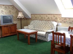 a living room with a couch and a tv at Hotel Paříž in Jičín