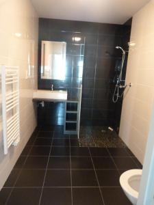 baño de azulejos negros con lavabo y ducha en Résidence Le 101, en Millau