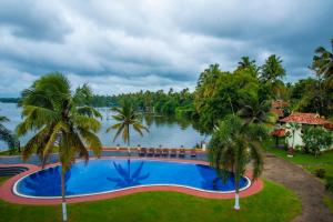 uma vista aérea de uma piscina de resort com palmeiras em The World Backwaters, Alleppey em Kumarakom