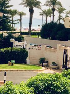 einen Zaun mit Palmen und dem Ozean im Hintergrund in der Unterkunft Apartamentos Lunamar in El Campello