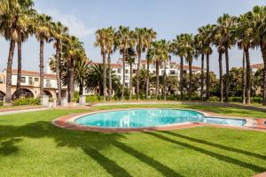 a pool with palm trees in front of a building at Island Club Hotel & Apartments in Cape Town