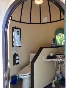 a bathroom with a toilet and a mirror at Garden Shed R in Hokuto