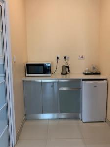 a kitchen with a counter with a microwave and a refrigerator at Bannerloft Guest house in Gaborone
