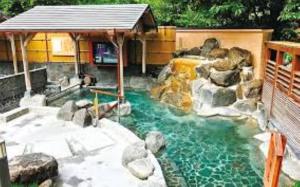 a swimming pool with a waterfall in a backyard at Sadie's Home in Waizumi