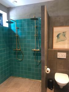 uma casa de banho com um chuveiro com azulejos verdes e um WC. em Tree Top Hill - The Old Station House - Båstad Holiday Apartments em Båstad