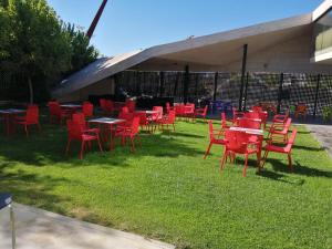 カサール・デ・カセレスにあるalbergue rural vía de la plataの草の中の赤い椅子とテーブル