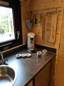 eine Küchentheke mit einem Waschbecken und einem Fenster in der Unterkunft Rhön Lodge in Poppenhausen