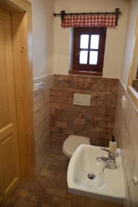 ein Bad mit einem WC, einem Waschbecken und einem Fenster in der Unterkunft Mezi Kopci - Mid Hills House - Dům s výhledem na sjezdovky in Vítkovice