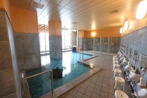 una gran piscina con un perro sentado en el agua en 熱海温泉 湯の宿 平鶴, en Atami