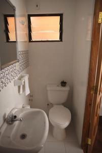 a white bathroom with a toilet and a sink at Casa Los Jazmines in Sucre